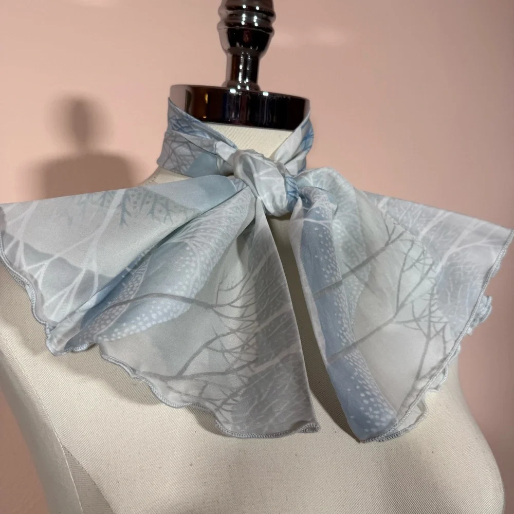Vintage 1970’s winter tree snow Blue white polka dots Mod cravat Bow neck Scarf